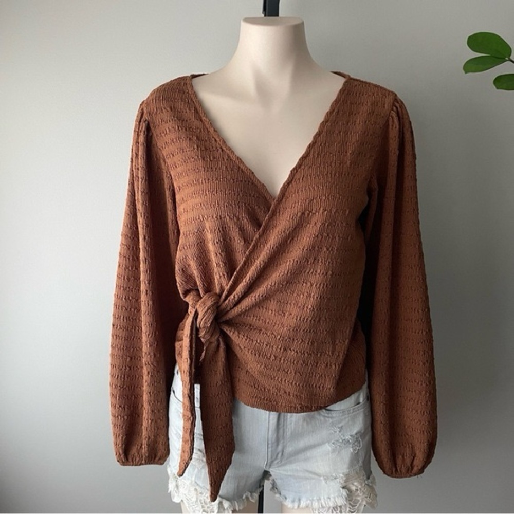 Lofty Manner Wrap Tie Blouse Long Sleeve Top Vneck Shirt Brown Size Small